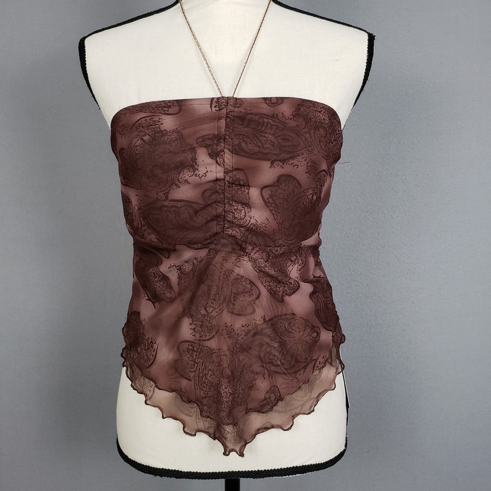Halter Neck Crop Top Brown Paisley Frilly Y2K Dark Forest Nymph Fairycore Size M